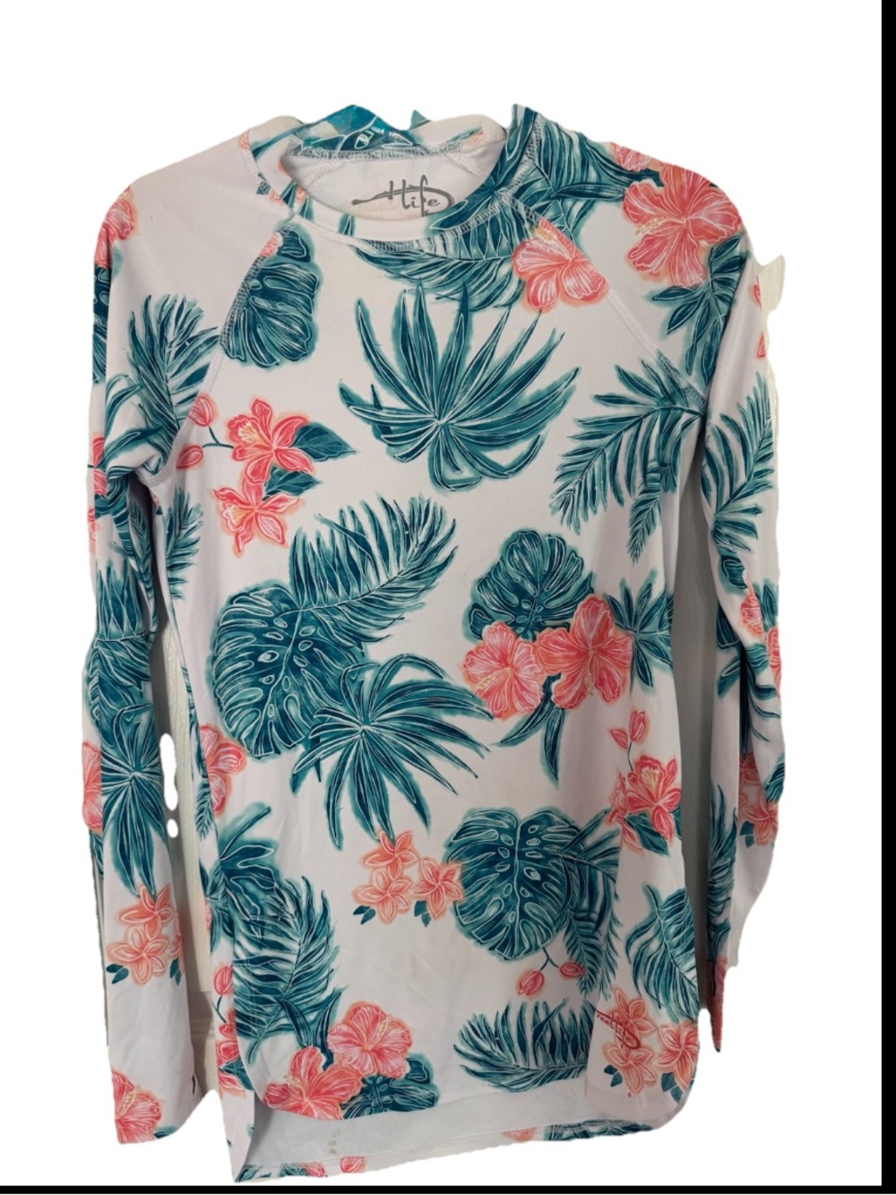 NWOT  “Summer Time” Reel Life Long Sleeve UV Swim Tee-Sz Small - White/Pink/Teal